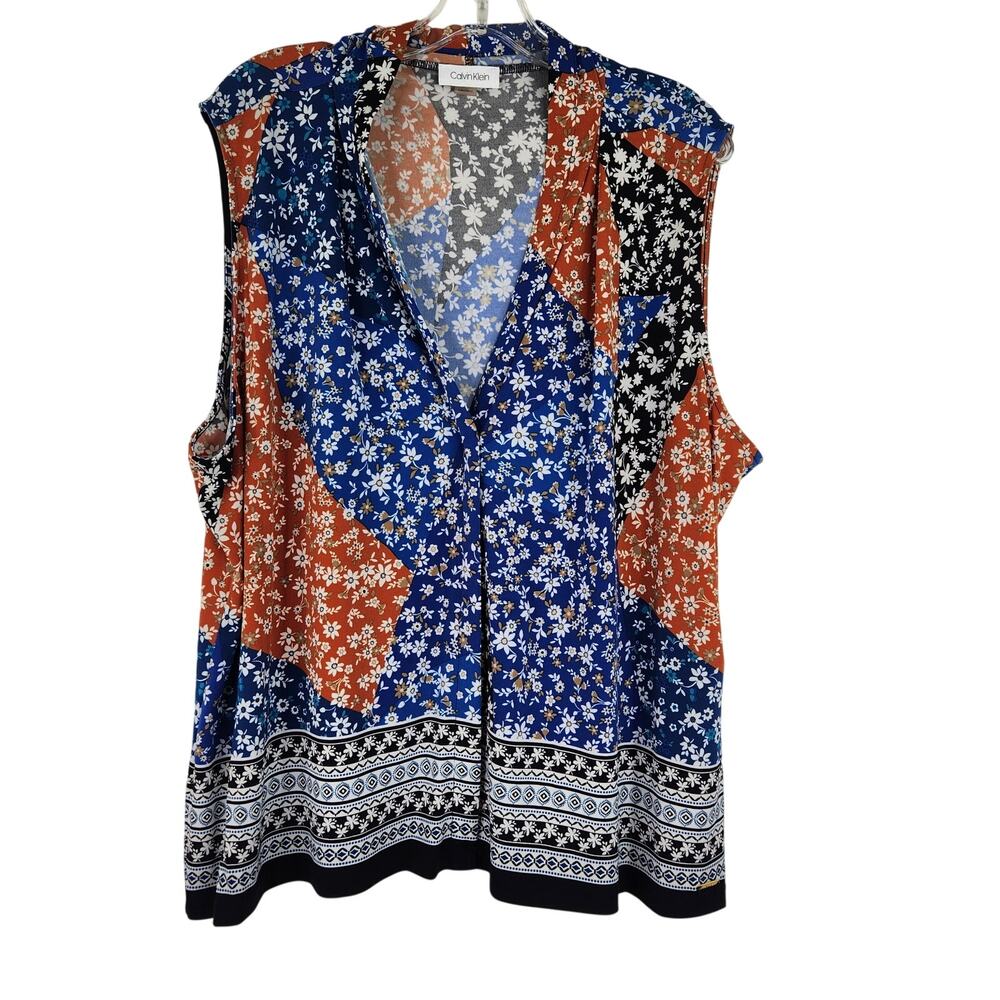 Calvin Klein Blue Brown Black Floral Boho Sleeveless Top Women's 2X stretchy